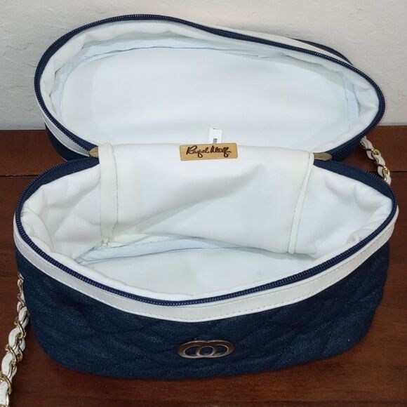 Vintage Raquel Wolf New York Quilted Denim Zip Around Train Case Crossbody Purse - Picture 8 of 9